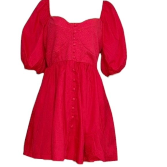 Anthropologie Maeve Sweetheart Dress Red Puffed Slv Smocked Button Close SM FLAW - Picture 3 of 16